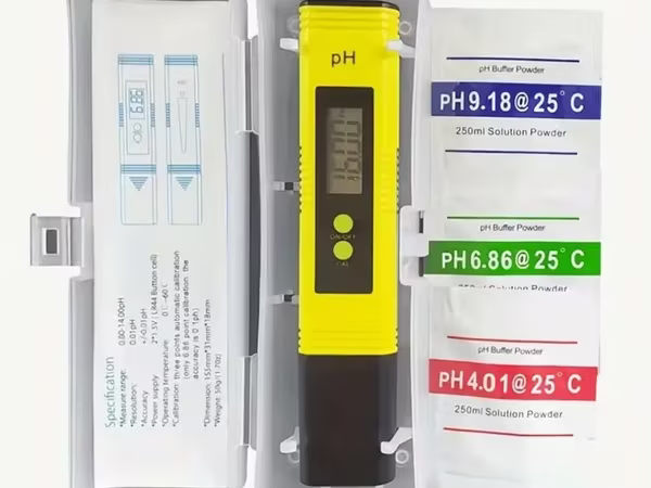PH meter 0-14 ջրի թթվայնությունը ստուգող սարք կարգավորման փոշիները տուփի մեջ են